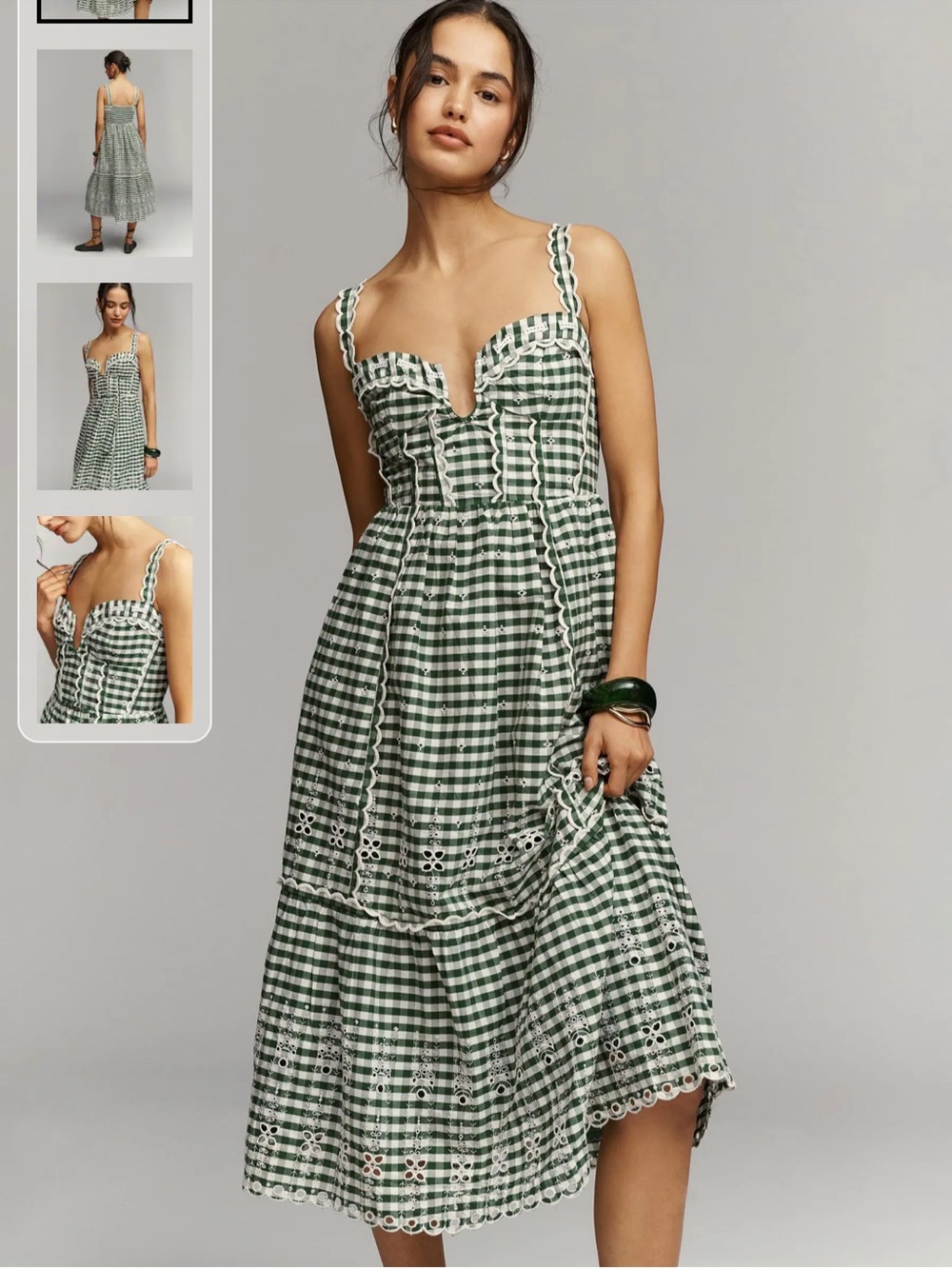 Anthropologie Green Sleeveless Sweetheart Gingham Midi